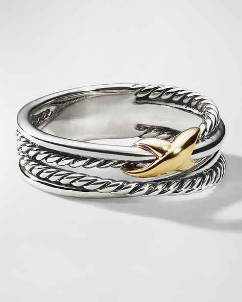 David Yurman X Crossover Ring in Silver with 18K Gold, 6mm | Neiman Marcus David Yurman Ring, Crossover Ring, David Yurman Jewelry, Gold And Silver Rings, Punk Jewelry, 18k Gold Jewelry, Sterling Silver Cuff, David Yurman, Jewelry Pouch