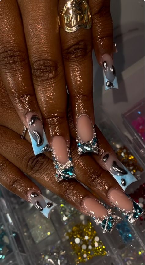 Blue Duck Nails, Pisces Nails Designs, Long Things, Fye Nails, Junk Nails, Duck Nails, French Tip Acrylic Nails, French Nail Designs, Dope Nail Designs