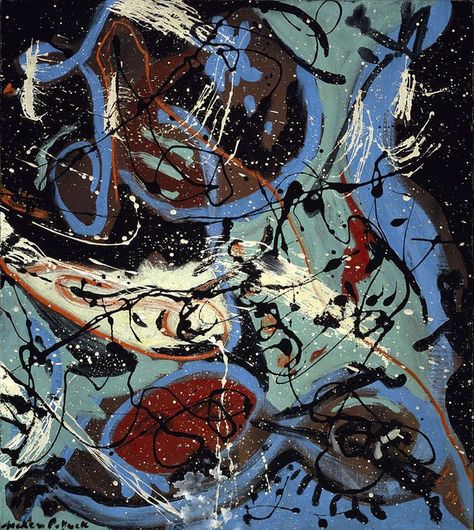 Jackson Pollock Completion Date: 1943 Style: Action painting Period: Drip period Genre: abstract Technique: oil Material: canvas Dimensions: 63.9 x 56.3 cm Gallery: Hirshhorn Museum and Sculpture Garden, Washington, DC, USA Jackson Pollock, Abstract Painting, Composition, Blue, Black, Art