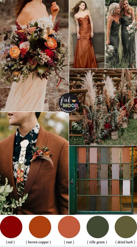 Brown Copper and Rifle Green Color Combos { Subtle Sage Undertones } Fall Wedding Burnt Orange, Bug Wedding, Fall Wedding Color Schemes, Wedding Color Pallet, Fall Wedding Color Palette, Green Wedding Colors, Brown Copper, Wedding Palette, Wedding Theme Colors