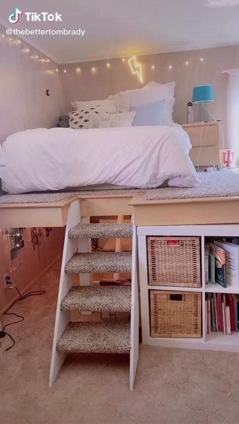 Hideout Under Bed, I Kea Bedroom Ideas, Platform Bed With Space Underneath, Platform Bed With Cube Storage, Raised Bed With Bookshelves, Cute Platform Bed Ideas, Regular Room Ideas, Raised Bed Inside Built In Wardrobe, Cool Small Bedrooms