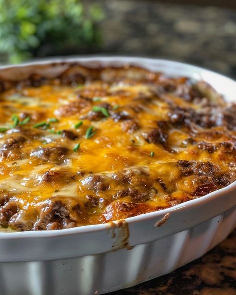 I love this "Amish" recipe! Can eat it guilt free now with this version! Cooktop Cove Recipes, Hamburger Bake, Pecan Tassie Recipe, Cooktop Cove, Baked Steak, Easy Hamburger, Steamed Green Beans, Hamburger Recipes, Amish Recipes