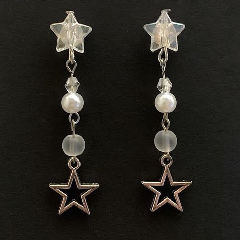 Star Bead Earrings, Selfmade Earrings, Pearl Earrings Outfit, Y2k Earrings, Fairy Accessories, Star Necklace Silver, Y2k Jewelry, Homemade Jewelry, Fancy Jewelry