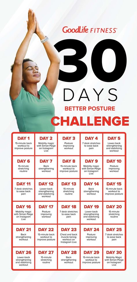 30 Day Stretching Challenge, Posture Challenge, Goodlife Fitness, Posture Improvement, Workout Journal, Instagram Schedule, Body Wellness, Fitness Challenges, Challenges To Do