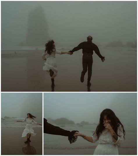 Pnw Elopement Photography, Rainy Beach Engagement Photos, Moody Backyard Wedding, Grunge Elopement, Gothic Elopement, Moody Beach Photoshoot, Moody Beach Wedding, Cornwall Elopement, Moody Couple Photoshoot