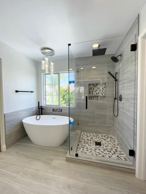 New Bathroom Ideas 2023, Shower With Free Standing Tub Next To It, Spa Shower Ideas Master Bath, 2 Sided Shower Enclosure, Dr Horton Bathroom Remodel, Master Bath Tub And Shower Side By Side, Small Free Standing Bath Tub, Shower And Stand Alone Tub Ideas, Standing Bathroom Ideas