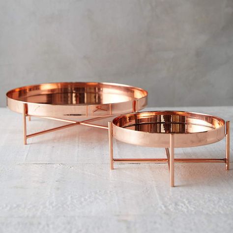 Copper Serving Tray + Stand Copper Serving Dishes, Copper Cookware Set, Serving Trays Design, Copper Serving Tray, Copper Dishes, Rose Gold Kitchen, Copper Interior, Metal Serving Trays, Copper Tray