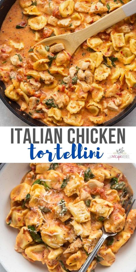 This Italian Chicken Tortellini is an easy meal made in just one pot! It's loaded with cheese tortellini, roasted red peppers, spinach, tomatoes, herbs, and cheese! #tortellini #recipes #dinner | dinner ideas | easy dinner recipes | easy recipes | pasta recipes | chicken recipes | chicken breast Tortellini Healthy, Chicken Cheese Tortellini, Tortellini Recipes Crockpot, Cheese Tortellini Recipes, Chicken Tortellini, Tortellini Recipes, Italian Dinner Recipes, Pasta Dinners, Pasta Dinner Recipes