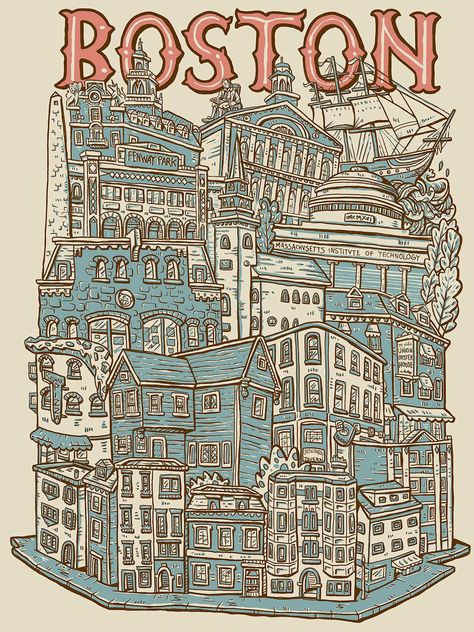 Boston Wall Art, Boston Poster, Boston Print, College Poster, Cover Illustrations, Illustrated Art, Dorm Posters, Bunker Hill, Spring Trip