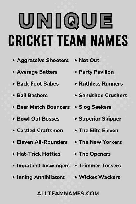 unique cricket team names list Cricket Team Names, Cricket Team Names Ideas, Fun Team Names, Running Team Names, Fantasy Team Names, Team Names Ideas, Hockey Team Names, Softball Team Names, Football Team Names