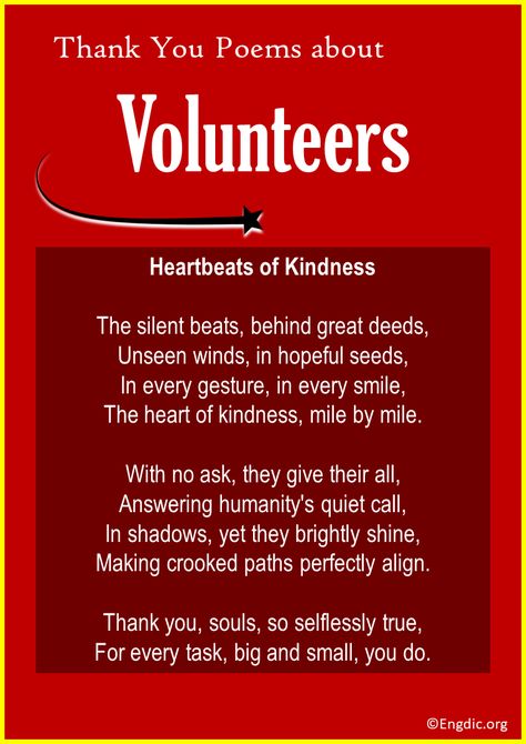 Volunteers are unsung heroes, selflessly offering their time and heart. Dive into these top 10 thank you poems that celebrate their spirit, capturing the essence of gratitude for these generous souls. Let words weave the appreciation they truly deserve. Thank You Poems about Volunteers 1. Heartbeats of Kindness In the rhythm of life, volunteers are the silent beats that add depth and warmth. This poem encapsulates their essence, like heartbeats that sustain life. The silent beats, behind g... Son Poems, Thank You Poems, Tales Of Graces, School Volunteer, Thanks Words, Funny Poems, Birthday Poems, Volunteer Appreciation, Short Poems