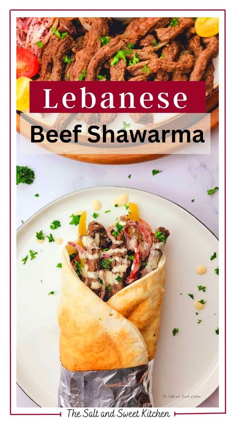 Lebanese Beef Shawarma- This is my take on the revolving shawarma spit griller. Tender beef strips are marinated in Middle Eastern spices, onions, apple cider vinegar and olive oil, then seared on stove top to perfection and served in pita wrap with veggies and tahini sauce — It’s always a favorite! Lebanese Beef Shawarma Recipe, Easy Lebanese Recipes, Lebanese Shawarma, Beef Shawarma, Air Fryer Recipes Chicken Breast, Shawarma Seasoning, Pita Wrap, Shawarma Recipe, Beef Strips