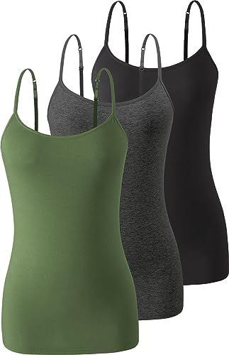 Accbiety 3-Pack Womens Camisole with Shelf Bra Adjustable Spaghetti Strap Cami Cotton Undershirt Tanks Sleep Camisole With Built-in Bra And Spaghetti Straps, Modal Camisole With Built-in Bra And Spaghetti Straps, Solid Camisole Sports Bra, Fitted, Stretch Lace Camisole Top With Built-in Bra, Solid Color Camisole Sleepwear With Built-in Bra, Spaghetti Top, Without Bra, Camisole Bra, Womens Camisoles