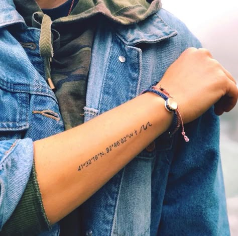 Latitude Longitude Tattoos Couple, Latitude And Longitude Tattoo Ideas, Forearm Coordinate Tattoo, Ocean Coordinates Tattoo, Lat Long Tattoo Latitude Longitude, Coordinates Tattoo Forearm, Coordinates Tattoo Men Forearm, Coordinates Tattoo Placement Arm, Nautical Coordinates Tattoo