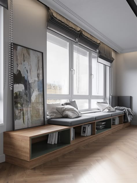 Legenda_109 on Behance Design Ložnic, Window Seat Design, Window Benches, Bedroom Windows, Design Del Prodotto, A Living Room, Home Room Design, Window Seat, Home Office Design