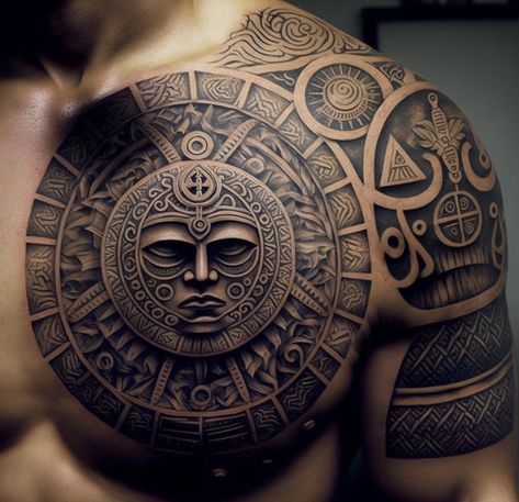 Chest Tattoo Men Ideas, Tattoo Men Ideas, Colorful Rose Tattoos, Mayan Tattoos, Aztec Tattoos, African Tattoo, Full Arm Tattoos, Cool Chest Tattoos, Aztec Tattoo