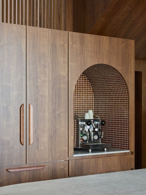 Kitchen Closeup | Vine Street by State of Kin | est living Kitchen Island Bench, Timber Battens, Walnut Timber, Est Living, Coffee Nook, Mid Century Modern Home, Stone Kitchen, Perth Australia, Character Home