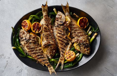 Grilled Porgy With Lemons and Scallions Recipe - NYT Cooking Porgy Fish Recipes, Hobbit Life, Clean Grill Grates, Scallions Recipes, Chicken Tagine, Preserved Lemons, Nyt Cooking, Fresh Oregano, Arugula Salad