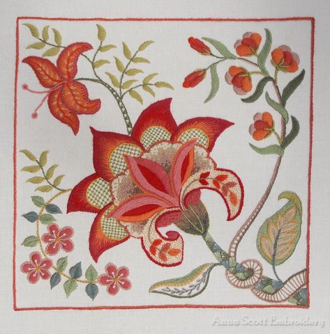 autumn colored flowers and leaves - Anna Scott : Crewel embroidery - finished... Bordado Jacobean, Anna Scott, Crewel Embroidery Tutorial, Jacobean Embroidery, Crewel Embroidery Patterns, Crewel Embroidery Kits, Wool Embroidery, Basic Embroidery Stitches, Brazilian Embroidery