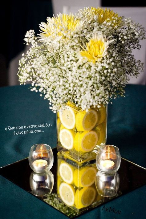 Lemon Vases With Flowers, Lemon Centerpiece Ideas Wedding, Centerpieces With Lemons, Lemon Centerpiece Ideas, Lemon Centerpiece, Lemon Vase, Lemon Themed Party, Lemon Centerpieces, Lemon Themed Bridal Shower