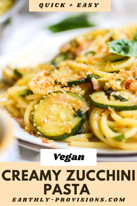 This Creamy Zucchini Pasta is the perfect quick and easy summer dinner. Its ready in 30 minutes and is absolutely delicious! #vegan #vegandinner #veganpasta #pastarecipes Zucchini And Pasta Recipes, Vegan Zucchini Pasta, Creamy Zucchini Pasta, Vegan Pasta Recipes Homemade, Crispy Garlic Bread, Veggie Lunches, Zucchini Pasta Recipe, Vegan Pasta Noodles, Vegan Zucchini Recipes