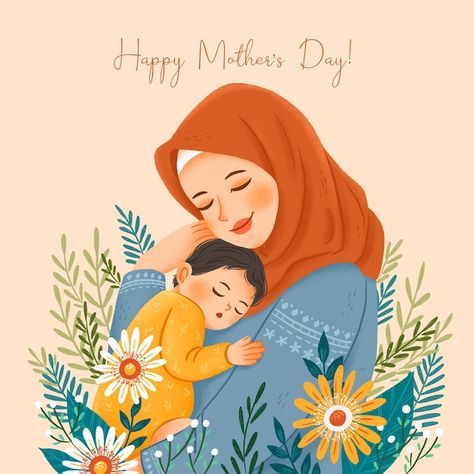 Poster On Mother's Day, Mother Illustration Art, Muslim Mom And Daughter, Mothers Day Poster Ideas, Mother's Day Painting Ideas, Happy Mother’s Day, Mother Day Cards, Mother's Day Post, Mothers Day Illustration