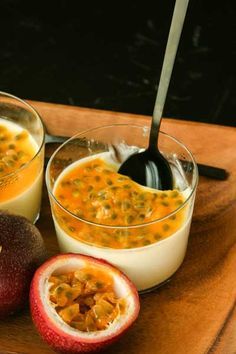 Passion Fruit Panna Cotta | Something New For Dinner Passion Fruit Pudding Recipe, Passion Fruit Panacotta, Passion Fruit Desert, Passionfruit Recipes Healthy, Passionfruit Panna Cotta, Passion Fruit Panna Cotta, Fruit Desert Ideas, Passion Fruit Pudding, Caramel Panna Cotta