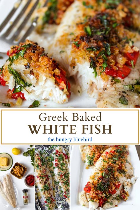 Easy Whitefish Recipes, White Fish And Pasta Recipes, Mediterranean Diet White Fish Recipes, Greek Baked Fish, Greek Style Fish, White Fish Baked Recipes, Whitefish Recipes Healthy, Stuffed White Fish Recipes, White Fish Meals