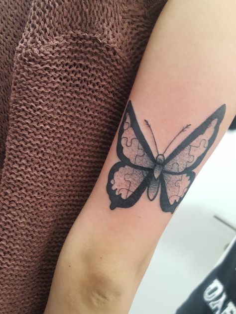 Butterfly Tattoo with Puzzle Pieces Puzzle Piece Butterfly Tattoo, Butterfly Puzzle Tattoo, Puzzle Piece Tattoo, Butterfly Puzzle, Puzzle Tattoos, Amazing Tattoos, Deathly Hallows Tattoo, Butterfly Tattoo, Lotus Flower Tattoo