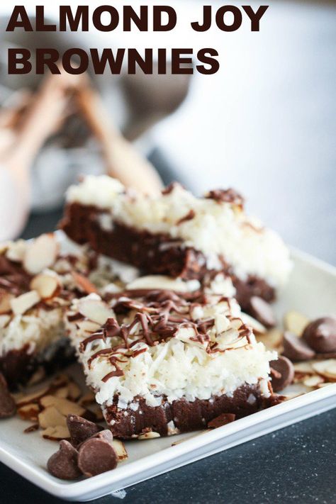 Almond Joy Brownies | Six Sisters' Stuff These Almond Joy Brownies, really do bring joy. Just looking at them I start salivating, then you take a bite, and it's like you have died and gone to heaven. They are so yummy, and super simple to make.  #brownies #dessert Almond Meal Brownies, Sweet And Salty Brownies, Healthy Almond Joy Bars, Almond Joy Brownies, Almond Joy Bars, Ultimate Brownies, Cookie Dough Cake, Fudgy Brownie Recipe, Six Sisters