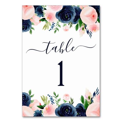 Navy Blue Blush Pink Watercolor Floral Wedding Table Number  Zazzle Country Wedding Table Numbers, Wedding Personal Touches, Floral Wedding Table, Blue And Blush Wedding, Wedding Table Number Cards, Wedding Table Number, Blush Pink Weddings, Pink Table, Wedding Reception Tables