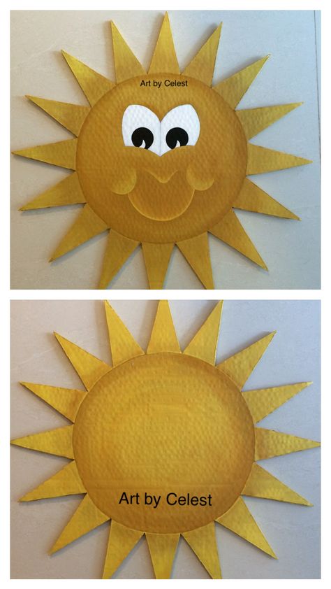 Happy Sun - Acrylic paint on cardboard Paper Mache Sun Diy, 3d Sun For Bulletin Board, Cardboard Sun, Diy Wooden Sun, Sun Art Activity, Sun Diy, Montessori Music, Vocabulary Parade, Paint On Cardboard