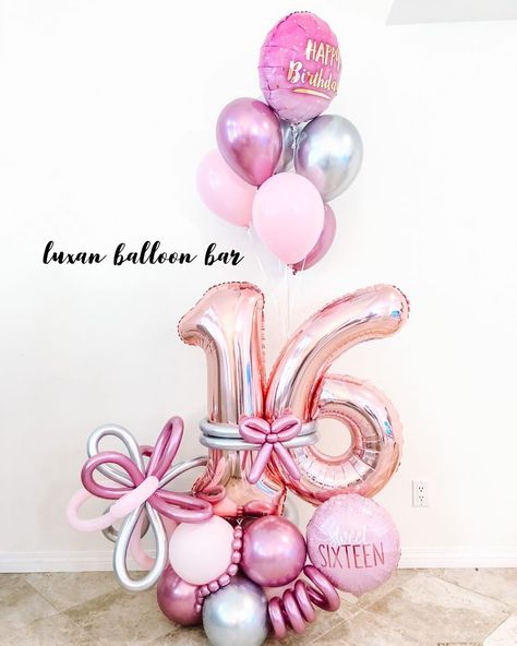 LuxanBalloonBar on Instagram: “Sweet 16 Balloon Bouquet 🎈  Don’t let these milestones go uncelebrated 🎉  Thank you @freshlyprepped for your continued support 💕” 16 Balloon Bouquet, Balloon Stack, Balloon Bar, Party Balloons Diy, Balloons Bouquet, Happy Balloons, Balloons Decor, 16 Balloons, Balloons Decorations