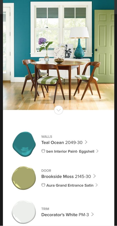 Walls: Teal Ocean 2049-30 (ben Interior- Eggshell) Door: Brookside Moss 2145-30 (Aura Grand Entrance- Satin) Trim: Decorator's White PM-3 White Trim Interior, Teal Door, Teal Trim, Light Green Walls, Door White, Green Walls, Grand Entrance, Green Wall, White Trim