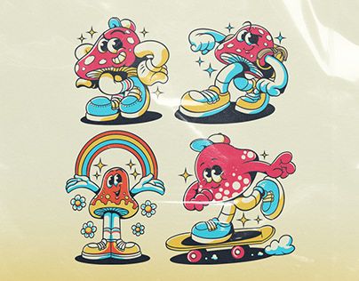 Mushroom Character Design, Retro Character Design, Nail Branding, Object Character, Mushroom Cartoon, Mushroom Character, Vintage Mascot, Retro Mascot, Sneakers Illustration