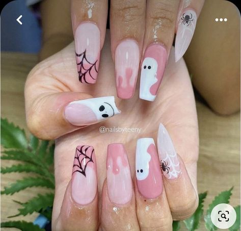 Girlie Halloween Nails, Spooky Ghost Nails, Halloween Gender Reveal Nails, Ghost Spider Nails, Pink Spider Web Nails, Nail Ideas Ghost, Pink Halloween Nails Acrylic, Halloween Nail Inspiration, Pink Ghost Nails