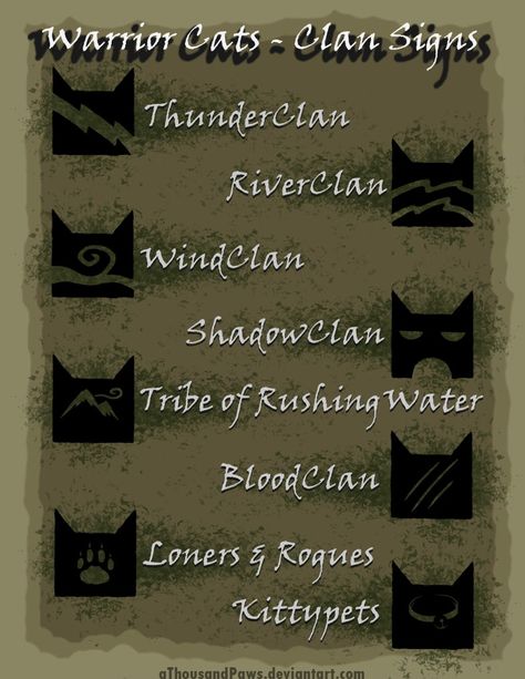 Warrior Cats - The Clans by creanima on DeviantArt Clan Ideas, Warrior Cats Clans, Warrior Cat Names, Warrior Cat Memes, Warrior Cats Series, Warrior Cats Books, Warrior Cats Fan Art, Warrior Cat Drawings, Love Warriors