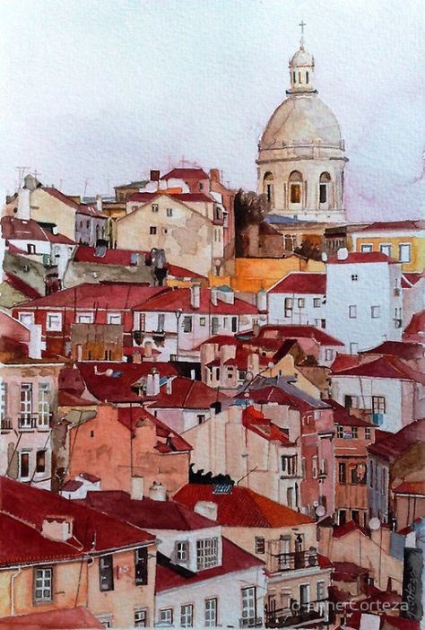 Portugal Painting, Watercolor City, Watercolor Architecture, Architectural Sketch, Building Art, Urban Sketchers, Watercolour Paper, Rooftops, Urban Sketching