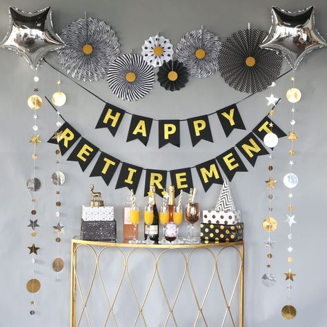 PRICES MAY VARY. Title: Retirement Party Decorations Supplies, Black and Gold Happy Retirement Banner, Folding Paper Fans, Sparkling Star Garlands, Star Shape Foil Balloons. Product Type: Categories > Event & Party Supplies > Decorations > Banners Funny Retirement Decorations, Retirement Decorations For Men, Retirement Party Decorations For A Man, Retirement Party Ideas Decorations, Retirement Decor, Happy Retirement Decorations, Money Package, Rich Party, Happy Retirement Banner