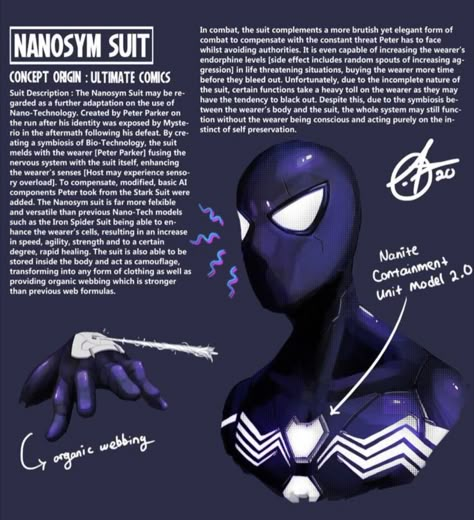 Black Suit Concept Art, Spiderman Suit Redesign, Symbiotic Armor, Spider Suits, Healing Factor, Arrow Cosplay, Spiderman Aesthetic, Spiderman Poses, Symbiote Spiderman