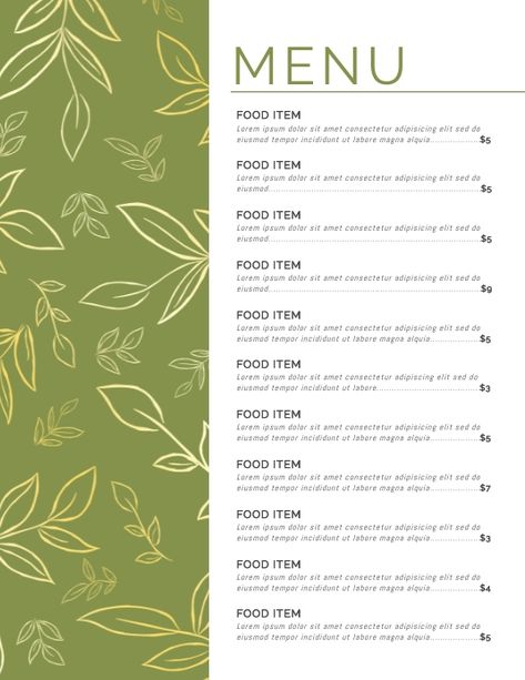 Minimalist Botanical Leaf Restaurant Menu flyer, cafe menu flyers, restaurant business company menu flyers, modern simple menus, leafy greenery menu flyers, food menus, green gold leaves pattern, menu flyer templates, customizable menus, minimal menus without pictures, elegant menu design, small business menus. Menu Flyer, Elegant Restaurants, Restaurant Flyer, Simple Menu, Cafe Menu, Graphic Design Studios, Menu Restaurant, Menu Cards, Food Items