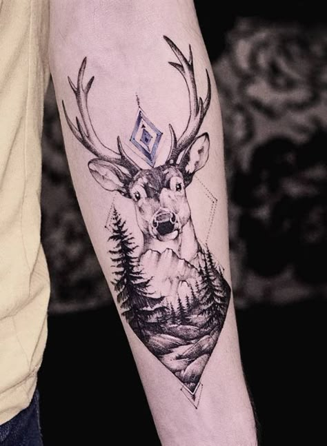 Tree And Deer Tattoo, Mountain Deer Tattoo, Deer Mountain Tattoo, Natur Tattoo Arm, Deer Head Tattoo, Deer Tattoo Designs, Stag Tattoo, Maori Tattoo Designs, Deer Tattoo