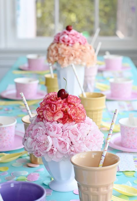 Project Nursery - Carnation Sundae Centerpieces - Project Nursery Ice Cream Parlor Party, Ice Cream Birthday Party Theme, Ice Cream Party Theme, Ice Cream Sprinkles, Cream Throw, Sprinkle Party, Ice Cream Birthday Party, Ice Cream Theme, Ice Cream Social