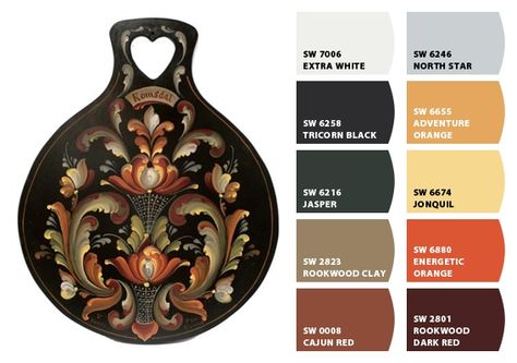 Norwegian Rosemaling Color Palette Inspiration Chip It! by Sherwin-Williams – Home Color Palette Inspiration, Swedish Decor, Norwegian Rosemaling, Landscape Painting Tutorial, Sherwin Williams Colors, Interior Design Color, Palette Inspiration, Paint Color Palettes, Exterior Paint Colors For House