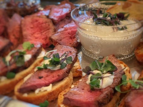 Beef Tenderloin Crostini, Tenderloin Crostini, Beef Tenderlion, Beef Crostini, Roasted Beef Tenderloin, Roasted Beef, Tenderloin Roast, Horseradish Sauce