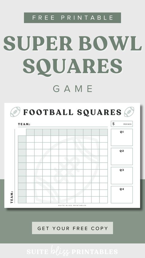 Get your Free Printable Super Bowl Squares Game! Football Squares is the best way to bring even more excitement to game day and make incredible memories with all your favorite people. So, get your friends and family over, place your bets, and let the games begin with this free printable football squares pdf/super bowl squares template! #footballsquares #superbowlsquares Free Football Squares Template, Superbowl Squares Fundraiser, Super Bowl Bets, Super Bowl Printables Free, Super Bowl Pool Template Squares, Free Printable Superbowl Squares, Super Bowl Squares Printable, Printable Football Squares, Super Bowl Squares Fundraiser