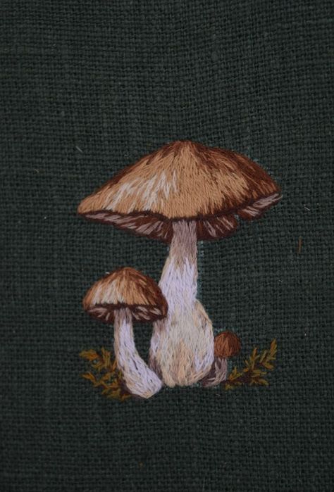 Mushroom Forest Embroidery, Earth Tone Embroidery, Hand Embroidered Mushroom, Embroidery Designs Nature, Easy Mushroom Embroidery, Shroom Embroidery, Embroidery Mushrooms Simple, Embroidery Mushrooms, Snail Embroidery