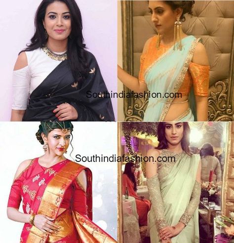 Cold Shoulder Blouse Designs Shoulder Blouse Designs, Cold Shoulder Saree Blouse, Cold Shoulder Blouse Designs, South Indian Wedding Hairstyles, Saree Jacket Designs, Choli Blouse Design, Latest Saree Blouse, Saree Jackets, Ethnic Wear Indian