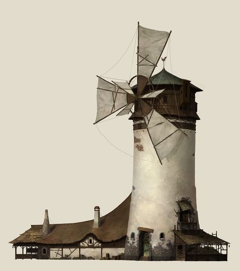 Steampunk Rpg, Medieval Builds, Western Architecture, Cloud House, Windmill House, Medieval Buildings, Old Windmills, Props Concept, Windmill Design