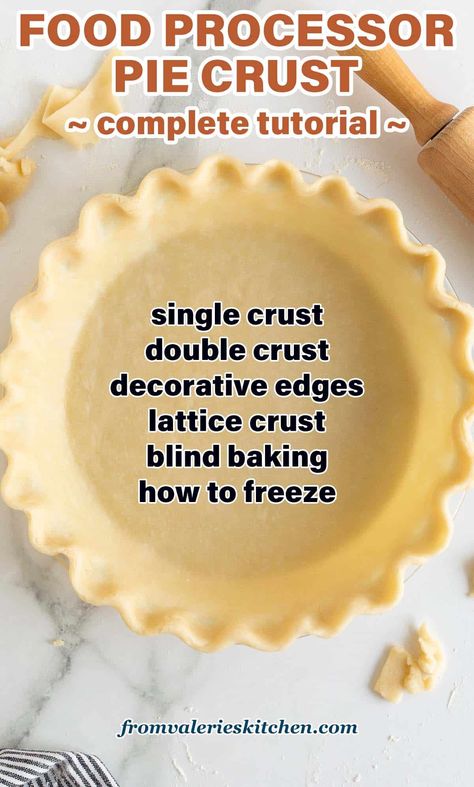 This Easy Food Processor Pie Crust recipe is a quick method that will save you precious time and effort during the holiday baking season. This tried and true method results in a perfect flaky pie crust every time! This tutorial covers everything from making and shaping pie crust, blind baking, freezing, and creating a pretty lattice crust. You'll want to bookmark this post so you can easily find it each holiday! Egg Pie Crust Recipe, No Fuss Pie Crust 12 Tomatoes, Butter Pie Crust Recipe Easy, Lattice Pie Crust How To, Best Flaky Pie Crust Recipe, Pie Crust In Food Processor, Quick Pie Crust Recipe, Single Pie Crust Recipe, Basic Pie Crust Recipe